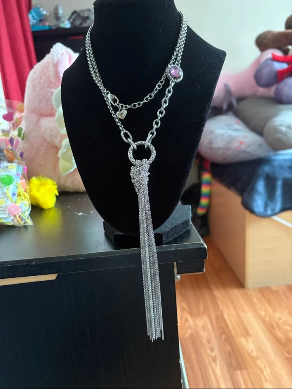 Stainless Steel Necklace With Tassel Pendant And Pink Accent - Picture 4 of 4